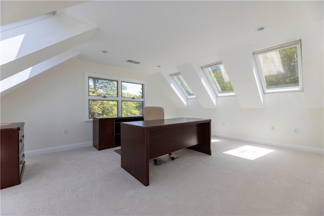 121 Avondale Rd, Westerly, RI 02891 - office area with a skylight, light colored carpet, and lofted ceiling