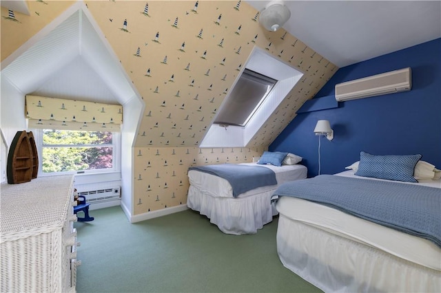 121 Avondale Rd, Westerly, RI 02891 - bedroom with a wall mounted air conditioner, a baseboard heating unit, lofted ceiling, and carpet flooring