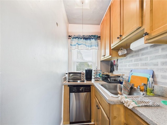 19 Remington St, Warwick, RI 02888 - kitchen with stainless steel dishwasher, brown cabinets, light countertops, and decorative backsplash