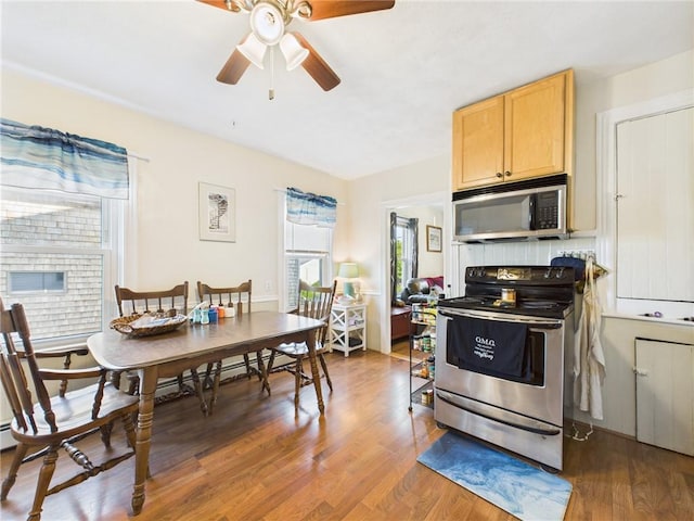 19 Remington St, Warwick, RI 02888 - kitchen featuring appliances with stainless steel finishes, wood finished floors, ceiling fan, and light brown cabinets