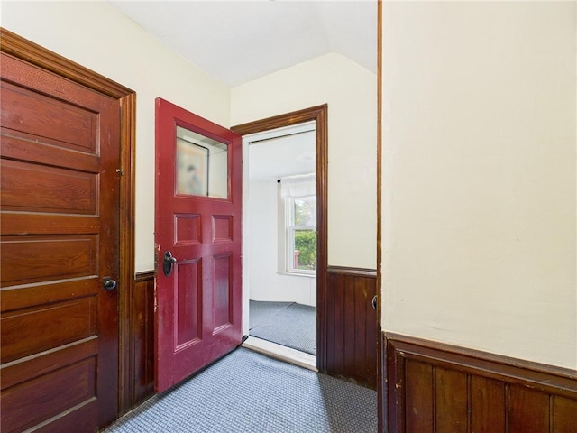 19 Remington St, Warwick, RI 02888 - carpeted entryway featuring wainscoting and vaulted ceiling