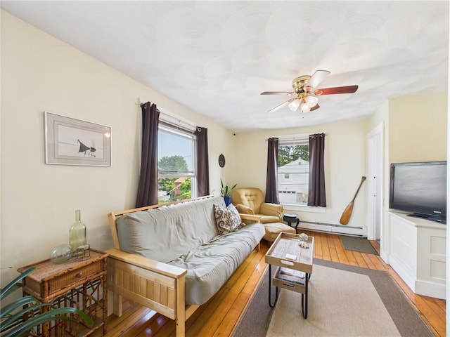 19 Remington St, Warwick, RI 02888 - living area featuring light wood-style flooring, baseboard heating, and a ceiling fan