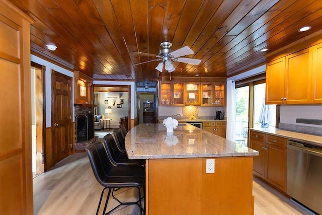 30 Karen Ann Dr, Smithfield, RI 02917 - kitchen featuring dishwasher, light wood-type flooring, a center island, a ceiling fan, and wooden ceiling