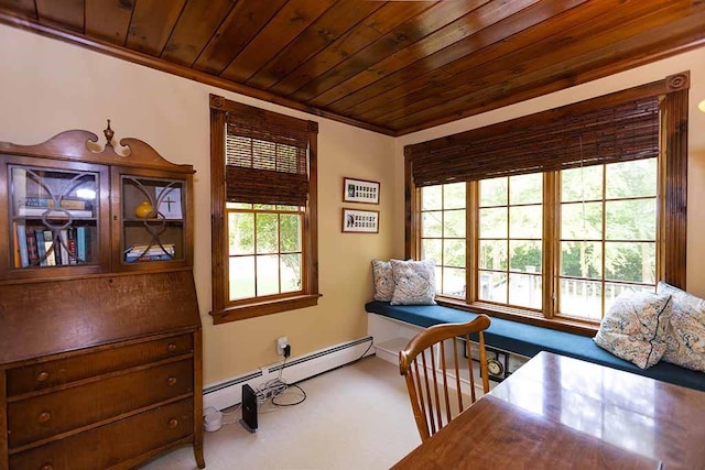 30 Karen Ann Dr, Smithfield, RI 02917 - office area featuring wooden ceiling, a baseboard radiator, carpet floors, and ornamental molding