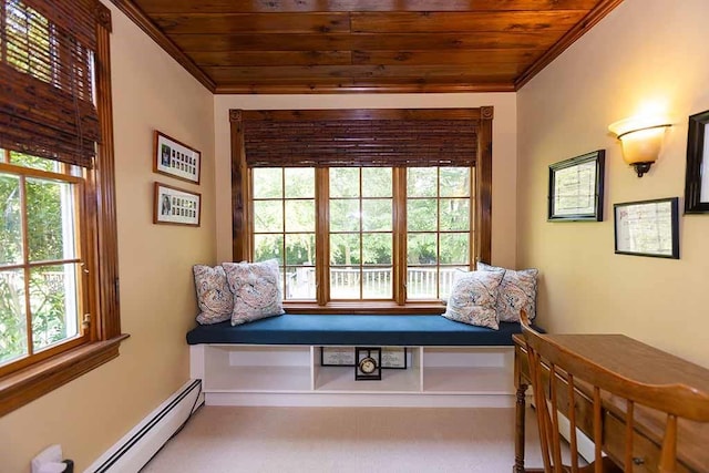 30 Karen Ann Dr, Smithfield, RI 02917 - living area with wooden ceiling, crown molding, a baseboard radiator, and carpet floors