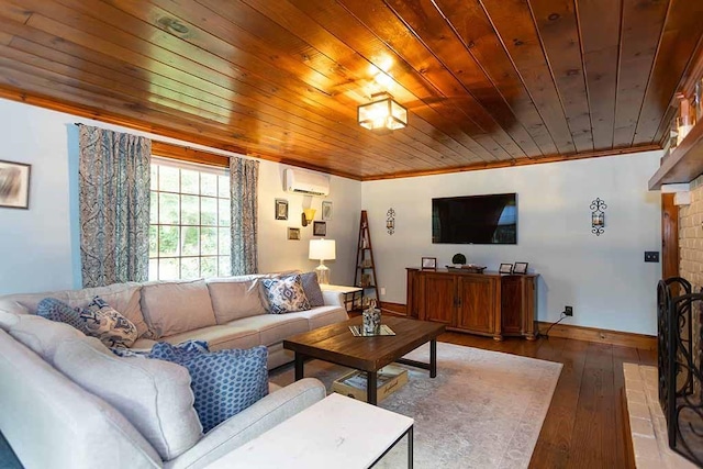 30 Karen Ann Dr, Smithfield, RI 02917 - living area with a wall mounted air conditioner, wooden ceiling, ornamental molding, and wood-type flooring