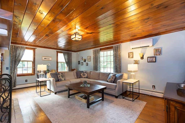 30 Karen Ann Dr, Smithfield, RI 02917 - living room with a wall mounted AC, a baseboard radiator, wood ceiling, wood-type flooring, and ornamental molding