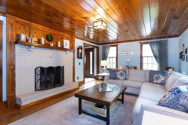 30 Karen Ann Dr, Smithfield, RI 02917 - living room featuring wood ceiling, wood finished floors, ornamental molding, and a fireplace
