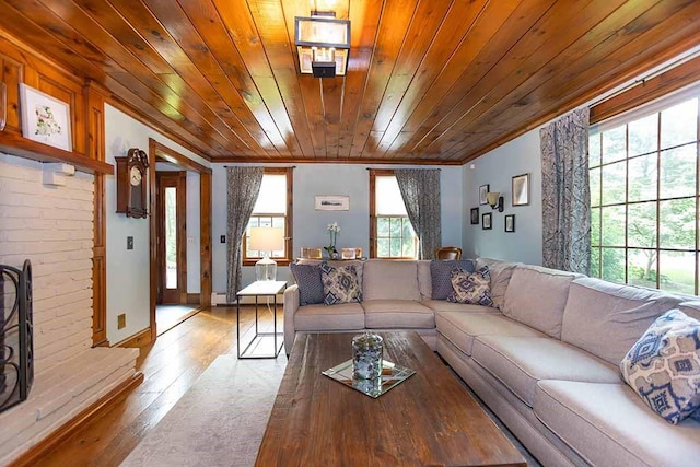 30 Karen Ann Dr, Smithfield, RI 02917 - living room featuring wood-type flooring, wood ceiling, and ornamental molding