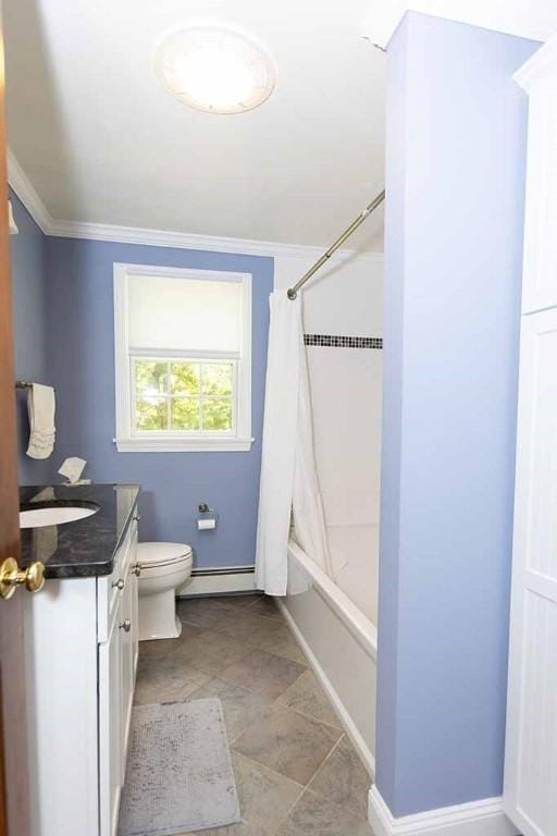 30 Karen Ann Dr, Smithfield, RI 02917 - bathroom with vanity, a baseboard heating unit, crown molding, and shower / bathtub combination with curtain