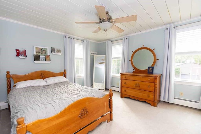 30 Karen Ann Dr, Smithfield, RI 02917 - carpeted bedroom with wood ceiling, crown molding, a ceiling fan, and a baseboard radiator