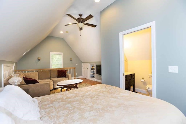 30 Karen Ann Dr, Smithfield, RI 02917 - bedroom with vaulted ceiling, wood finished floors, recessed lighting, connected bathroom, and ceiling fan