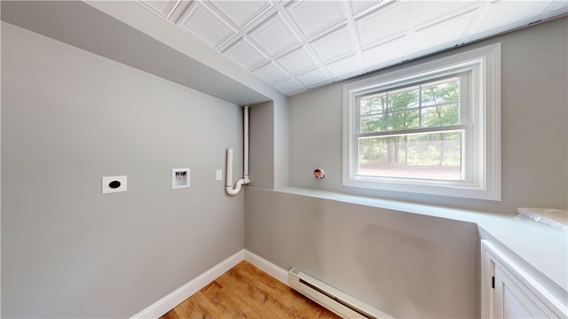112 Cranberry Ridge Rd, Glocester, RI 02857 - washroom featuring electric dryer hookup, hookup for a washing machine, baseboard heating, light wood-style floors, and cabinet space