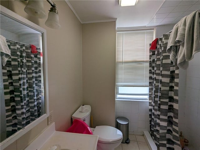 60 Sherman St, Pawtucket, RI 02860 - full bathroom featuring a tile shower, vanity, crown molding, and tile patterned floors