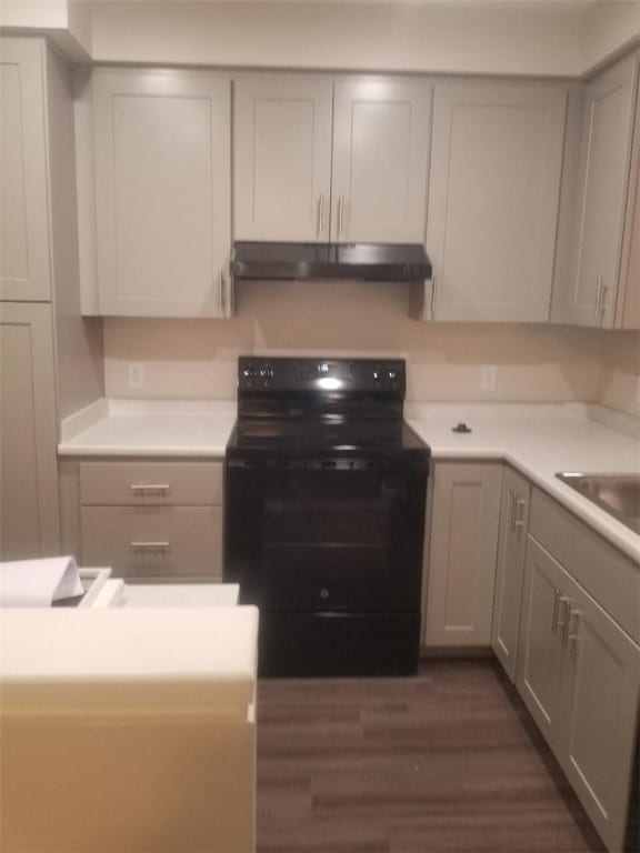 28 Portland St, Providence, RI 02907 - kitchen featuring black / electric stove, under cabinet range hood, dark wood-style flooring, and light countertops