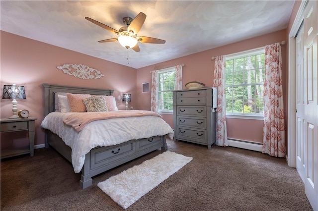 31 Wickaboxet Dr, West Greenwich, RI 02817 - bedroom with a baseboard heating unit, dark carpet, a ceiling fan, and a closet