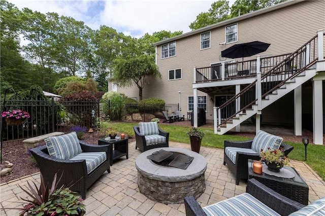 31 Wickaboxet Dr, West Greenwich, RI 02817 - view of patio featuring an outdoor living space with a fire pit, stairs, and a deck