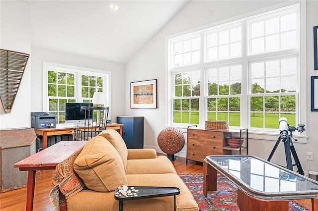 1049 Matunuck Schoolhouse Rd, South Kingstown, RI 02879 - living area featuring wood finished floors, an office area, and high vaulted ceiling