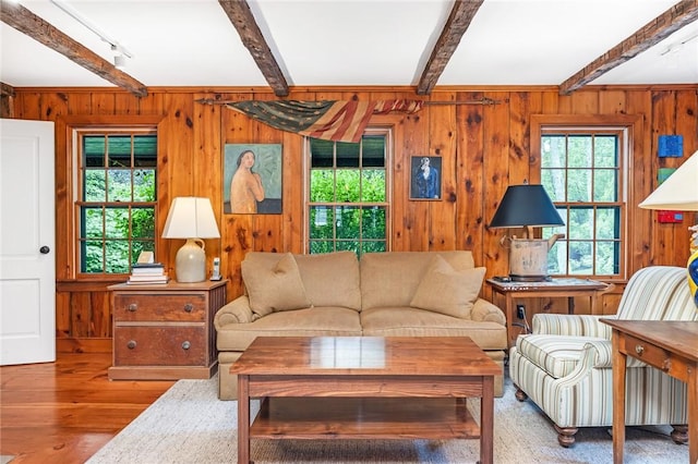1049 Matunuck Schoolhouse Rd, South Kingstown, RI 02879 - living room featuring beam ceiling, wood walls, and wood finished floors