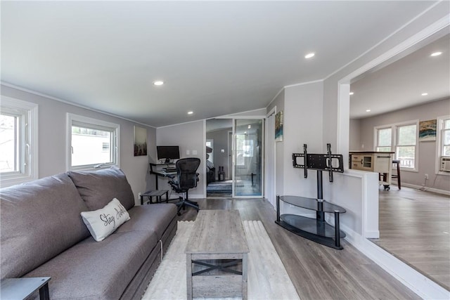 56 Park Ln, Coventry, RI 02816 - living area featuring wood finished floors, an office area, recessed lighting, and ornamental molding