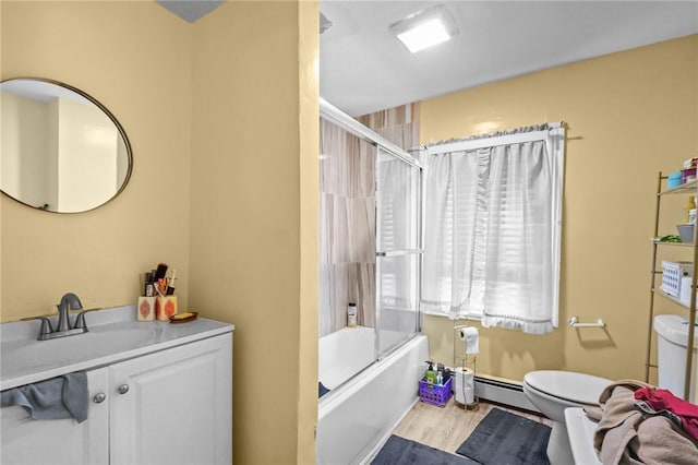 76 Slater St, Pawtucket, RI 02860 - bathroom featuring vanity, wood finished floors, bath / shower combo with glass door, and baseboard heating