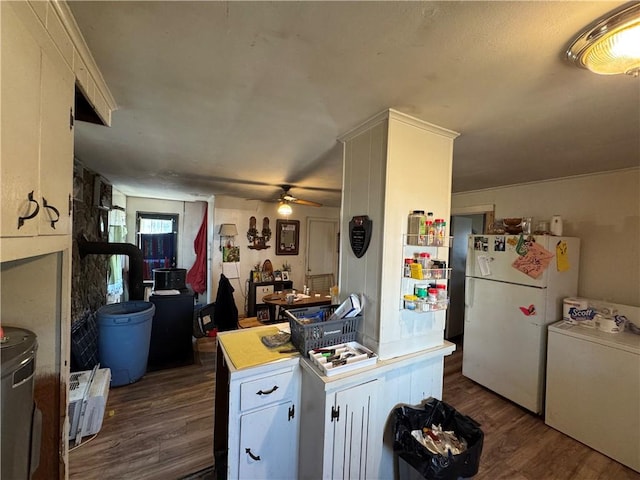965 Main St, Hopkinton, RI 02832 - kitchen featuring freestanding refrigerator, wood finished floors, a ceiling fan, and white cabinets