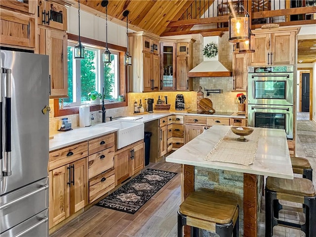 300 Tunk Hill Rd, Scituate, RI 02831 - kitchen featuring stainless steel appliances, wood ceiling, vaulted ceiling, wood finished floors, and custom exhaust hood