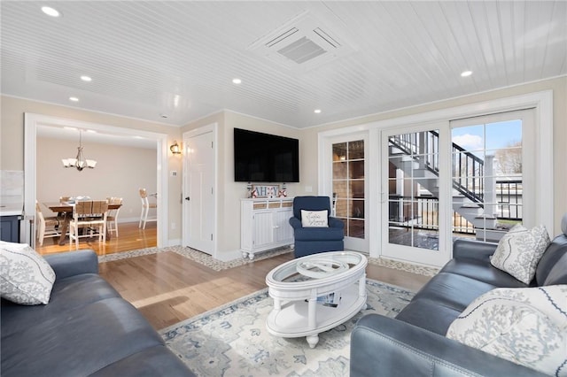 81 S Pier Rd, Narragansett, RI 02882 - living area with wood finished floors, a chandelier, recessed lighting, and wooden ceiling