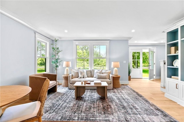 420 Long Hwy, Little Compton, RI 02837 - living room featuring light wood-style flooring, ornamental molding, plenty of natural light, and recessed lighting