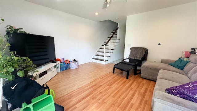 179 Wallace St, Providence, RI 02909 - living room with stairs, wood finished floors, a ceiling fan, and recessed lighting