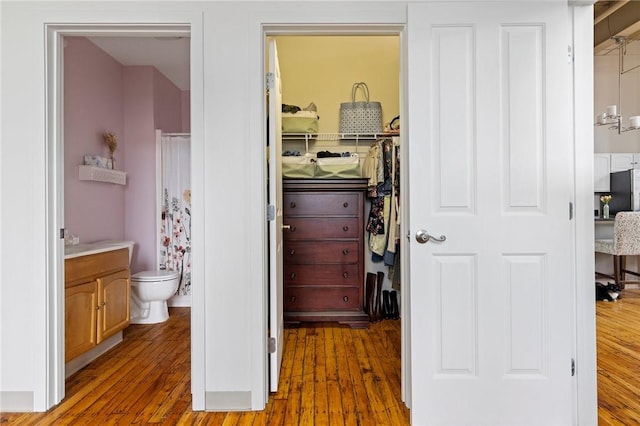 685 Social St Unit 114, Woonsocket, RI 02895 - full bathroom with wood-type flooring, vanity, curtained shower, and a walk in closet