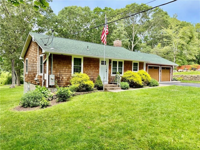 10 Lakeside Dr, Charlestown, RI 02813 - single story home with driveway, a chimney, a front lawn, a garage, and a shingled roof