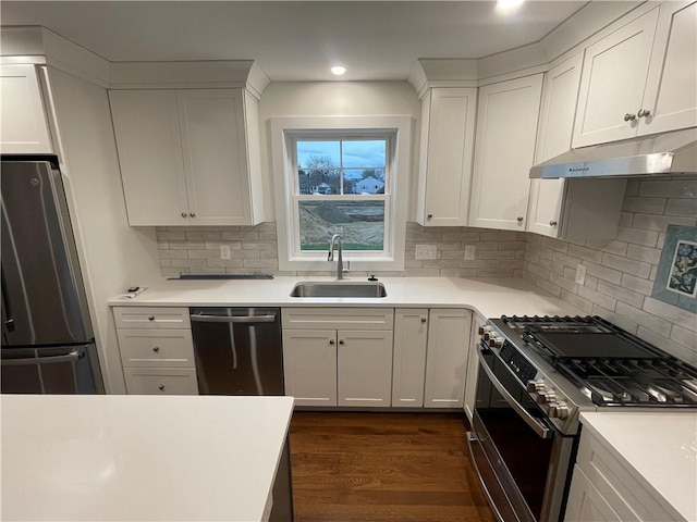 59 Recess Ln, Warwick, RI 02889 - kitchen featuring stainless steel appliances, under cabinet range hood, dark wood-style flooring, light countertops, and recessed lighting