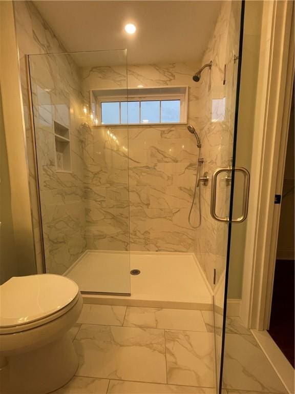 59 Recess Ln, Warwick, RI 02889 - bathroom with marble finish flooring, a marble finish shower, and recessed lighting