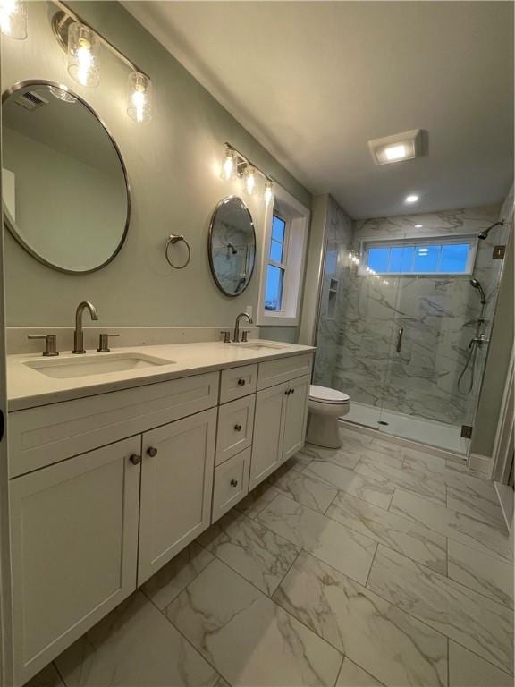 59 Recess Ln, Warwick, RI 02889 - full bath featuring marble look tiles, a marble finish shower, double vanity, and plenty of natural light