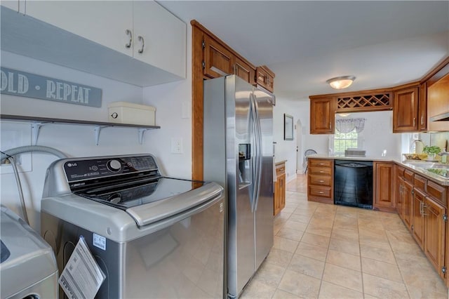 426 Buxton St, North Smithfield, RI 02896 - kitchen with washer / clothes dryer, stainless steel fridge, black dishwasher, and brown cabinetry
