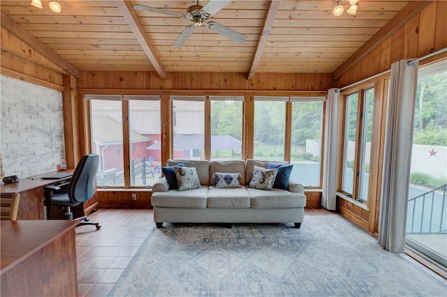 426 Buxton St, North Smithfield, RI 02896 - living area featuring wood ceiling, light tile patterned flooring, ceiling fan, a desk, and wooden walls