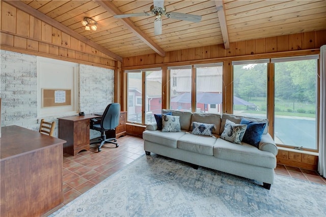 426 Buxton St, North Smithfield, RI 02896 - office space with wooden ceiling, plenty of natural light, light tile patterned floors, a ceiling fan, and wooden walls