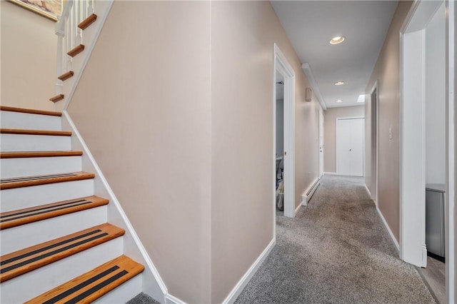 2970 Mendon Rd Unit 154, Cumberland, RI 02864 - corridor featuring carpet floors, stairway, recessed lighting, and baseboard heating