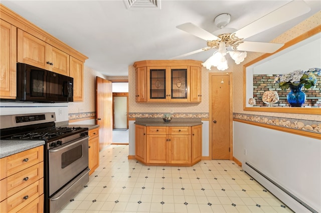 15 Rutland St, Warwick, RI 02888 - kitchen with stainless steel range with gas cooktop, black microwave, a baseboard heating unit, light flooring, and glass insert cabinets
