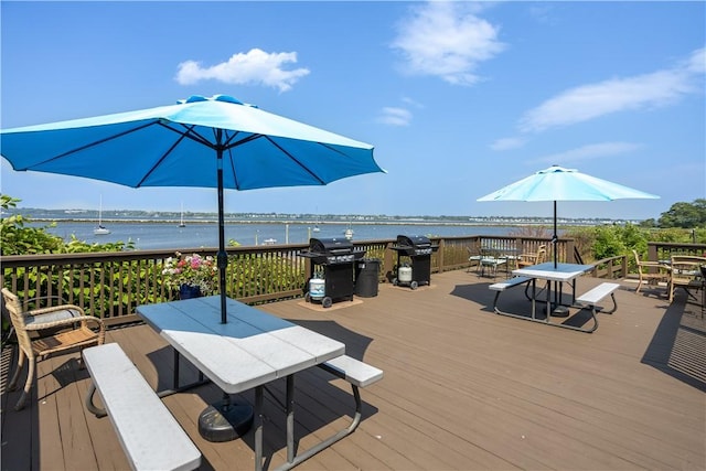 400 Narragansett Pkwy Unit Ei 2, Warwick, RI 02888 - wooden deck featuring outdoor dining area, grilling area, and a water view
