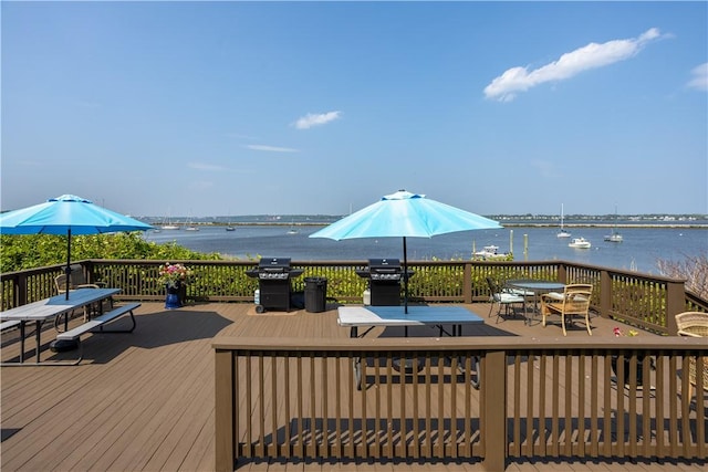 400 Narragansett Pkwy Unit Ei 2, Warwick, RI 02888 - wooden terrace with outdoor dining area, a water view, and area for grilling