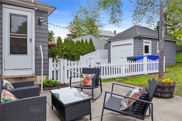 229 Roger Williams Ave, East Providence, RI 02916 - view of patio / terrace with an outbuilding, a detached garage, and an outdoor hangout area
