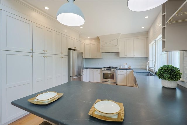 26 Old Stone Church Rd, Little Compton, RI 02837 - kitchen with appliances with stainless steel finishes, dark countertops, open shelves, custom range hood, and recessed lighting