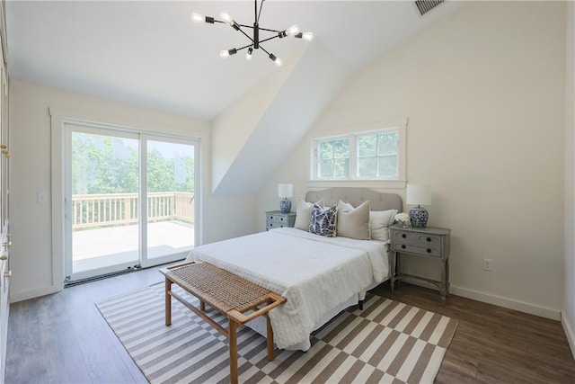 26 Old Stone Church Rd, Little Compton, RI 02837 - bedroom with access to exterior, a chandelier, wood finished floors, and vaulted ceiling
