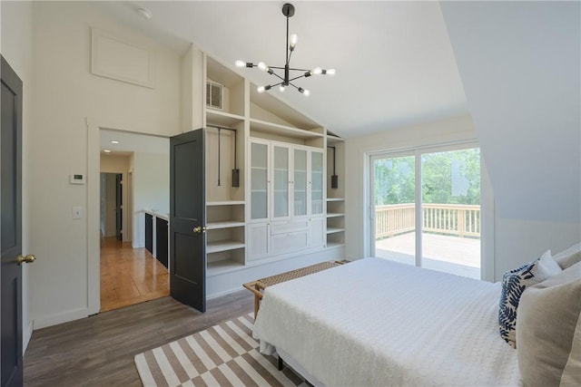 26 Old Stone Church Rd, Little Compton, RI 02837 - bedroom with access to outside, a chandelier, dark wood-style floors, and high vaulted ceiling