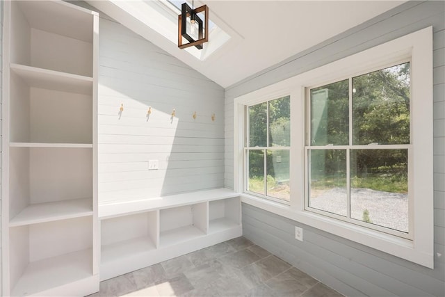 26 Old Stone Church Rd, Little Compton, RI 02837 - mudroom with lofted ceiling, a skylight, and wooden walls
