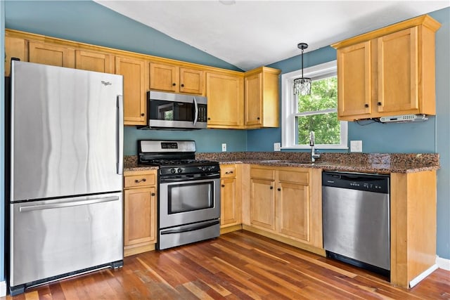 11 Tupelo Trl, Narragansett, RI 02882 - kitchen with stainless steel appliances, lofted ceiling, dark wood-style floors, dark stone counters, and pendant lighting