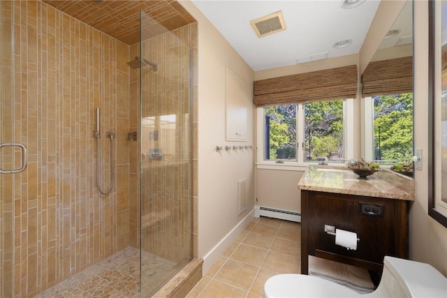 11 Mill Brook Ct, Charlestown, RI 02813 - full bath featuring a baseboard heating unit, a stall shower, tile patterned floors, and vanity