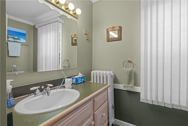 112 County Rd, Barrington, RI 02806 - bathroom featuring radiator, ornamental molding, and vanity